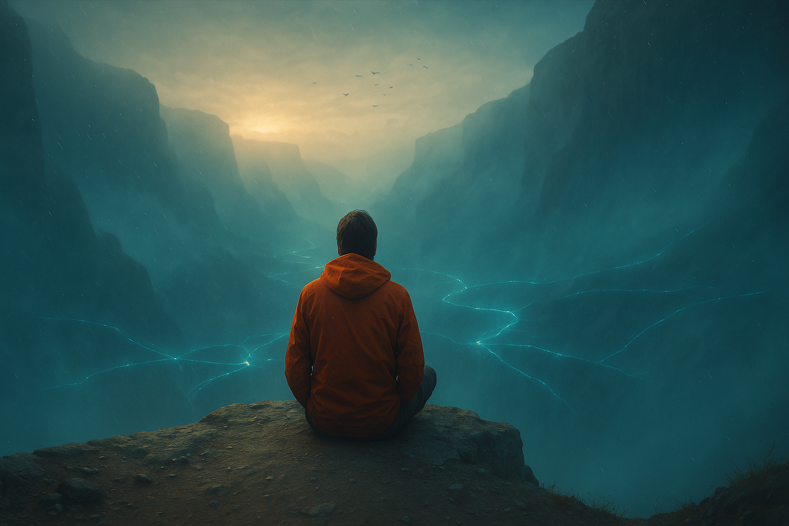 Person at canyon edge viewing glowing interconnected pathways bridging platforms—tech as a calm nervous system.