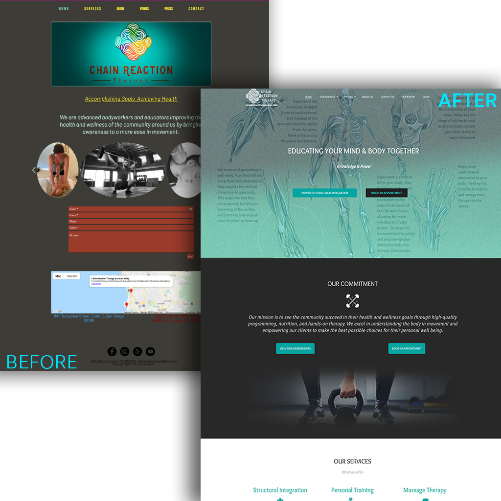 Chain Reaction Therapy website before on Wix and after on WordPress